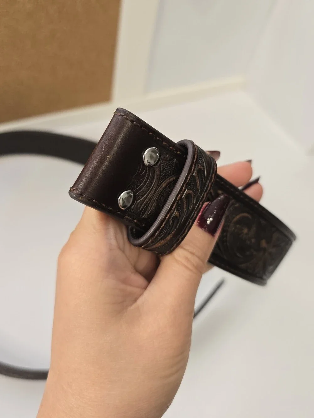 Nocona Tooled Dark Brown Leather Belt with Cross Motif